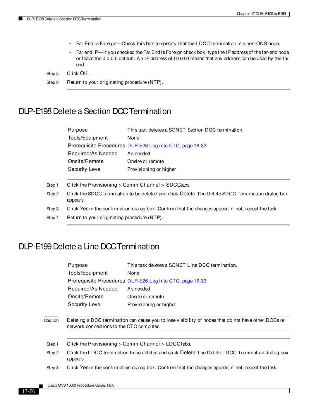 Cisco Systems 15600 manual DLP-E198 Delete a Section DCC Termination, DLP-E199 Delete a Line DCC Termination, 17-76 