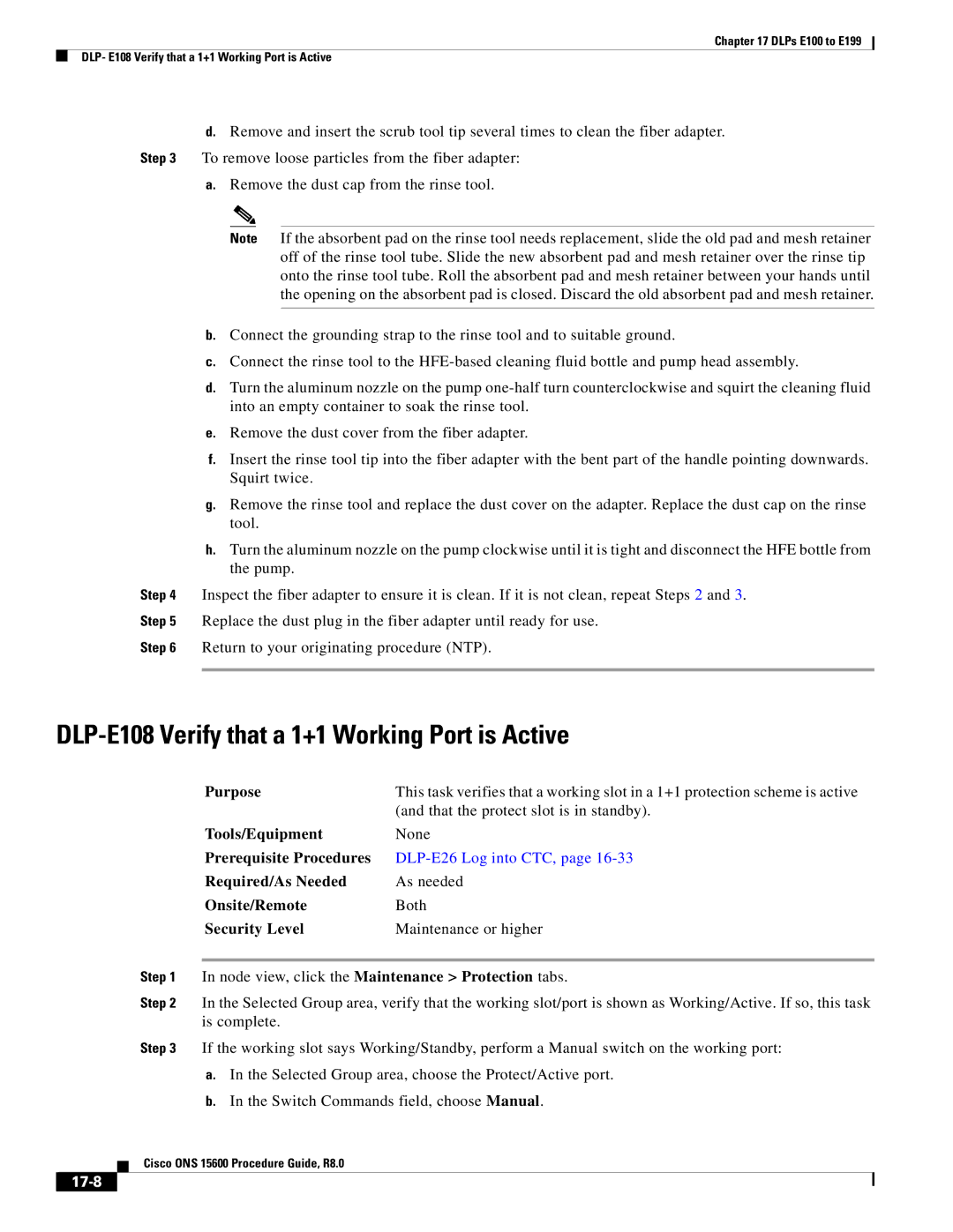 Cisco Systems 15600 manual DLP-E108 Verify that a 1+1 Working Port is Active, 17-8 