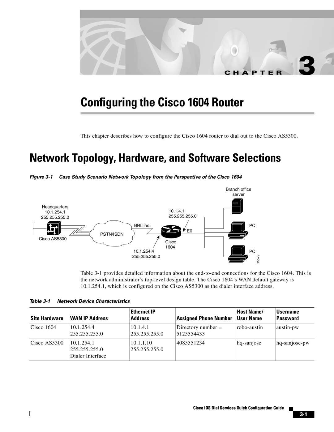 Cisco Systems 1604 manual Network Topology, Hardware, and Software Selections, C H A P T E R, Ethernet IP, Host Name 