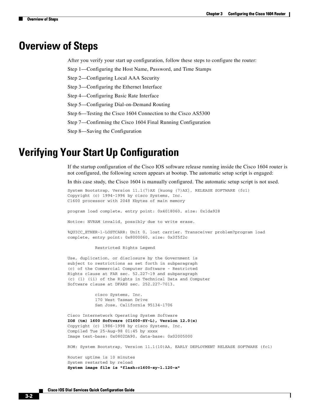 Cisco Systems 1604 manual Overview of Steps, Verifying Your Start Up Configuration 