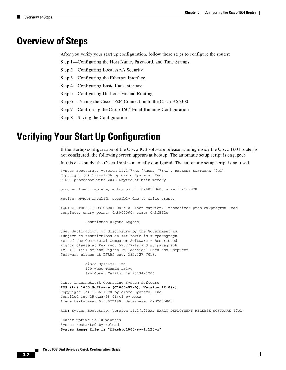 Cisco Systems 1604 Overview of Steps, Verifying Your Start Up Configuration, IOS tm 1600 Software C1600-SY-L, Version 