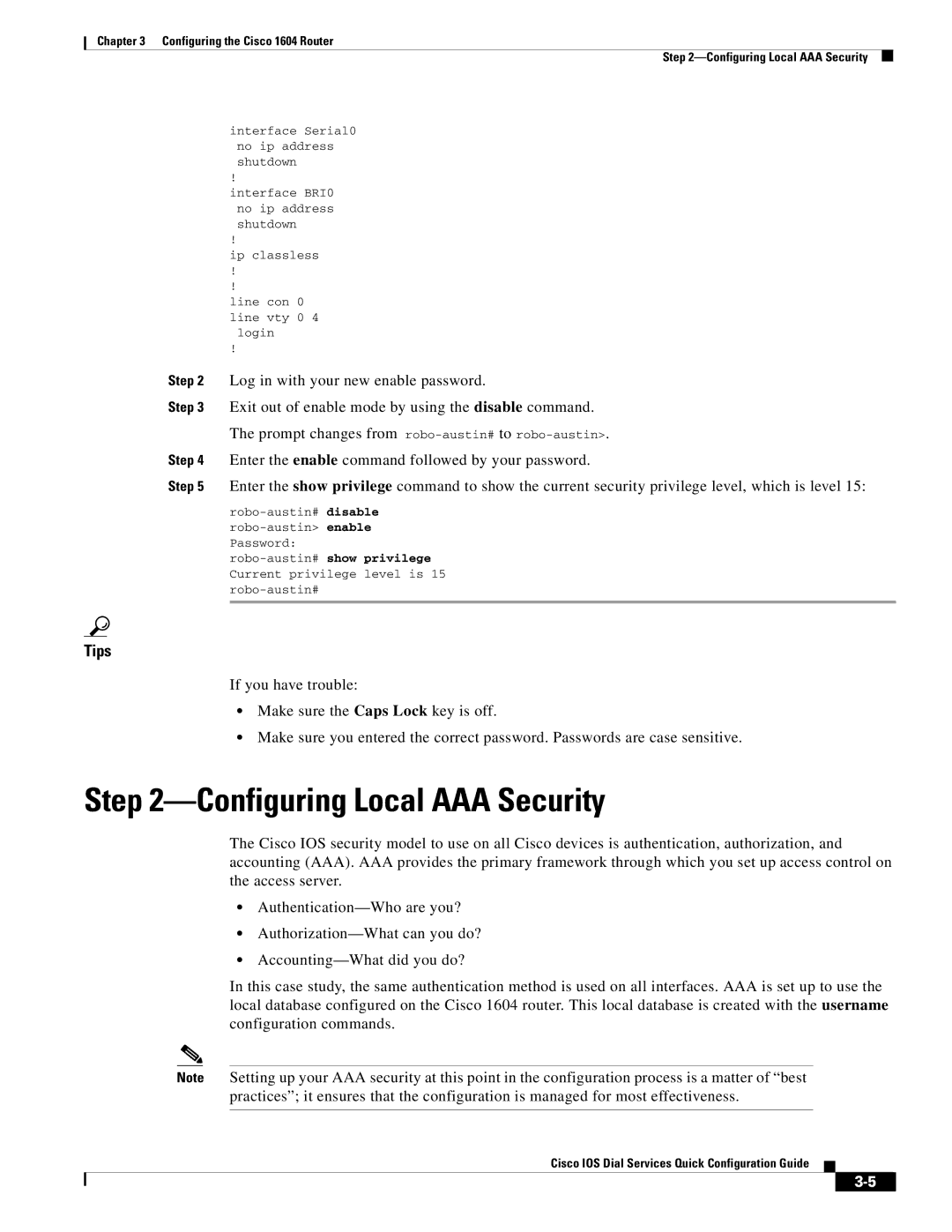 Cisco Systems 1604 manual Configuring Local AAA Security, Robo-austin#show privilege 