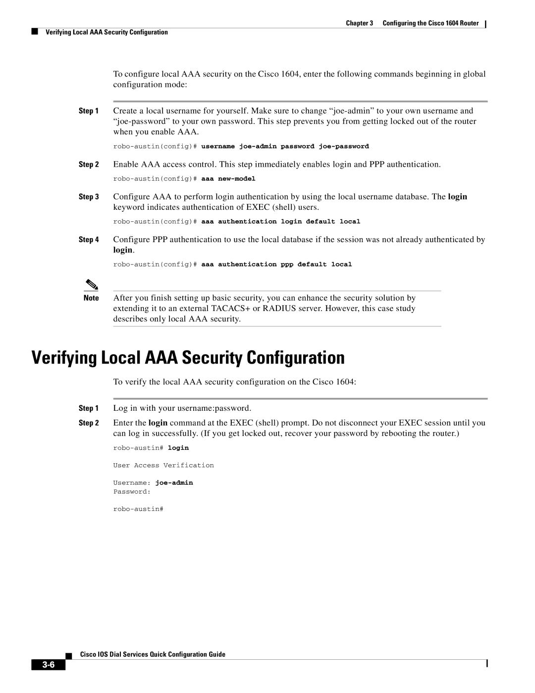 Cisco Systems 1604 Verifying Local AAA Security Configuration, Robo-austinconfig#username joe-admin password joe-password 