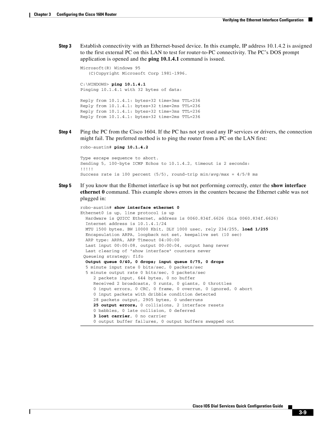 Cisco Systems 1604 manual WINDOWS ping, Lost carrier, 0 no carrier 