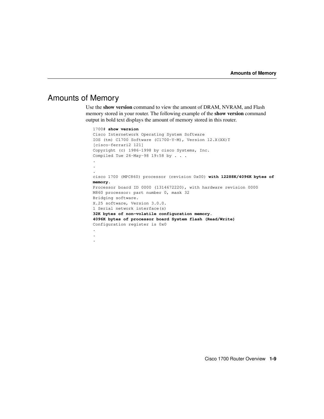 Cisco Systems 1700 manual Amounts of Memory 