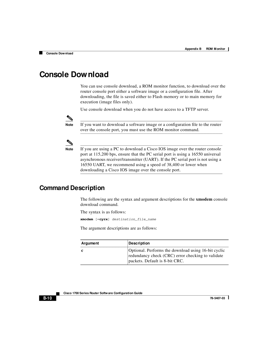 Cisco Systems 1700 appendix Console Download, Command Description, Argument Description 