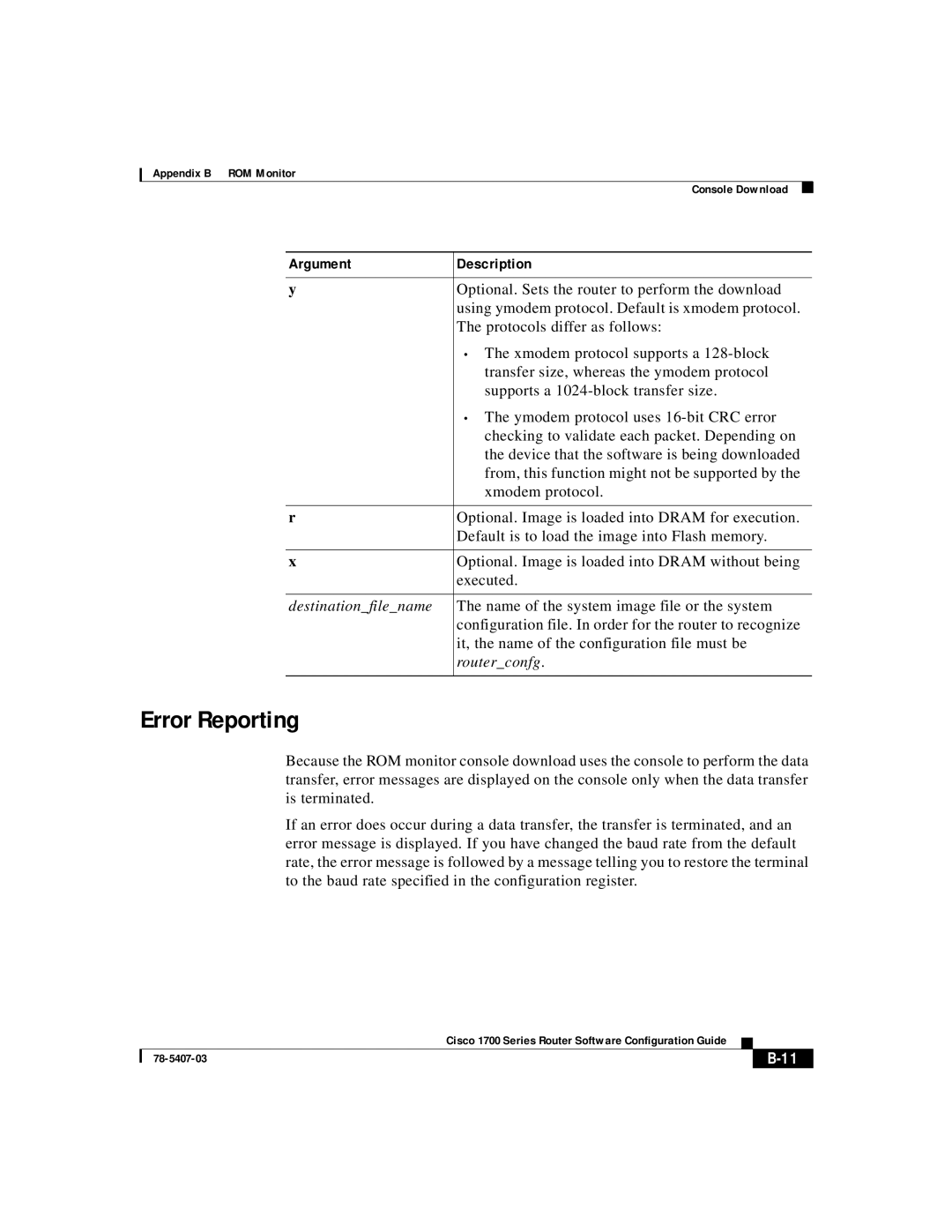 Cisco Systems 1700 appendix Error Reporting, Destinationfilename 