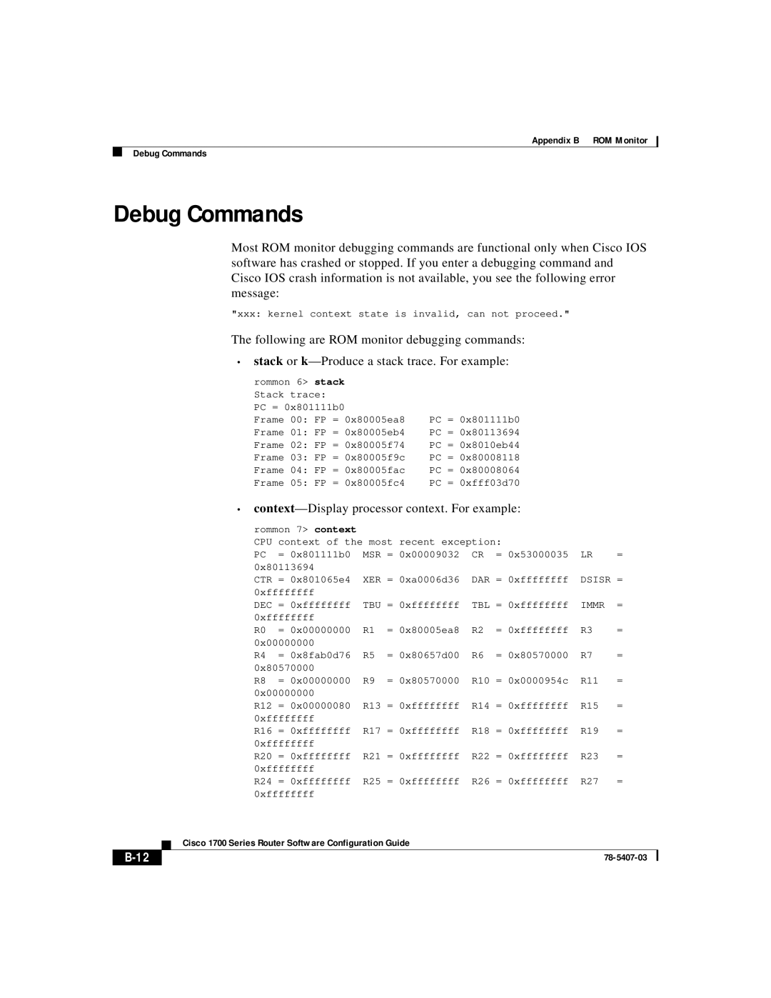 Cisco Systems 1700 appendix Debug Commands, Context-Display processor context. For example 