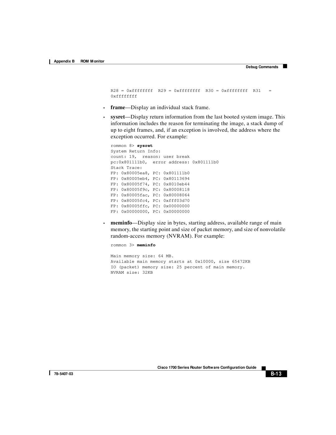 Cisco Systems 1700 appendix Rommon 8 sysret System Return Info 