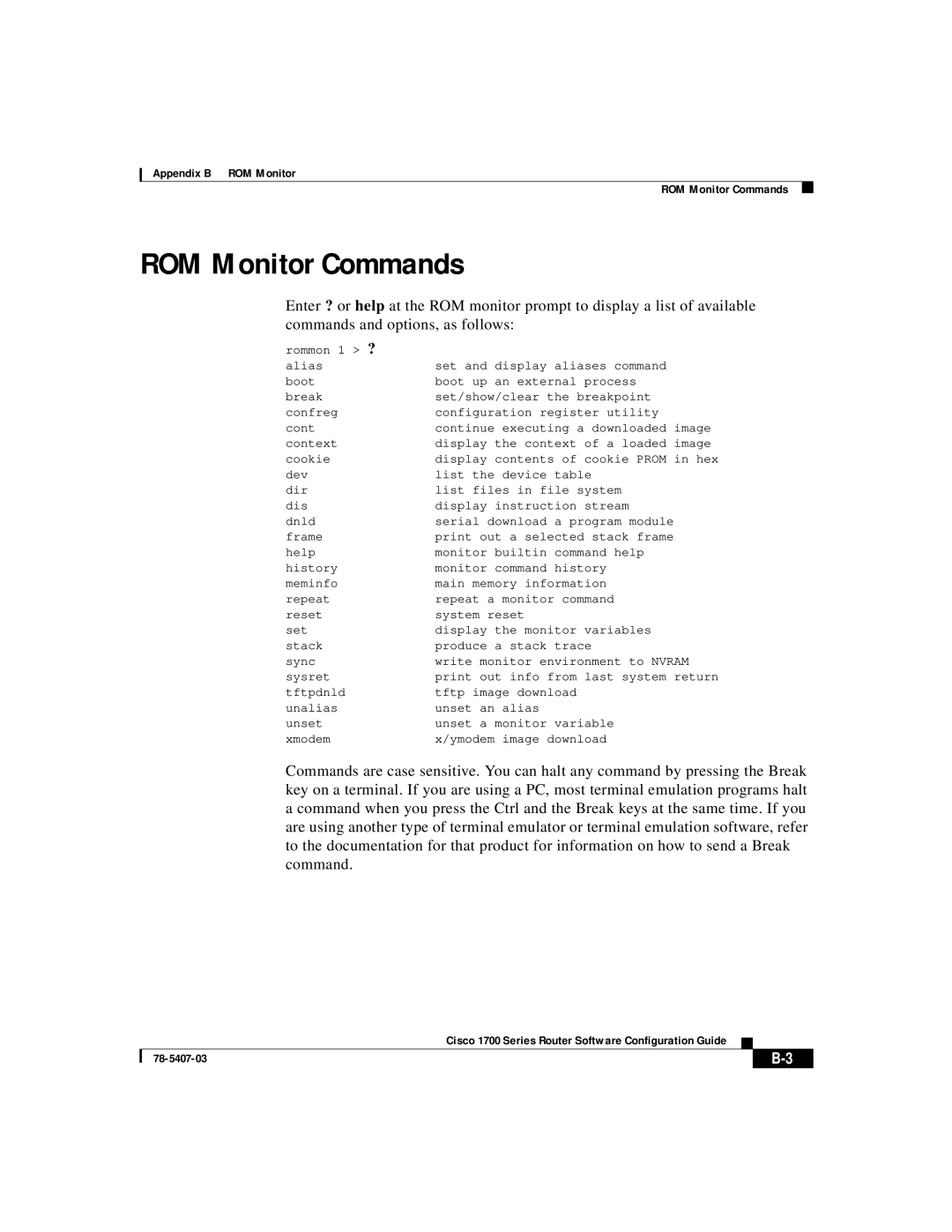 Cisco Systems 1700 appendix ROM Monitor Commands 