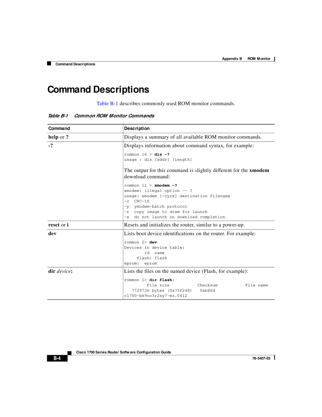 Cisco Systems 1700 appendix Command Descriptions, Help or ?, Reset or, Dev 