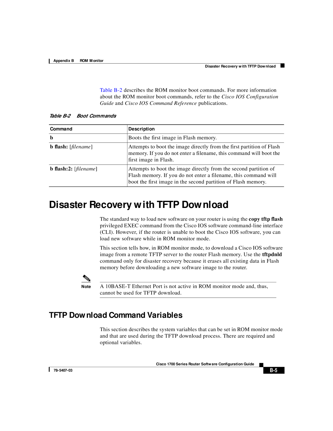 Cisco Systems 1700 Disaster Recovery with Tftp Download, Tftp Download Command Variables, Flash filename, Flash2 filename 