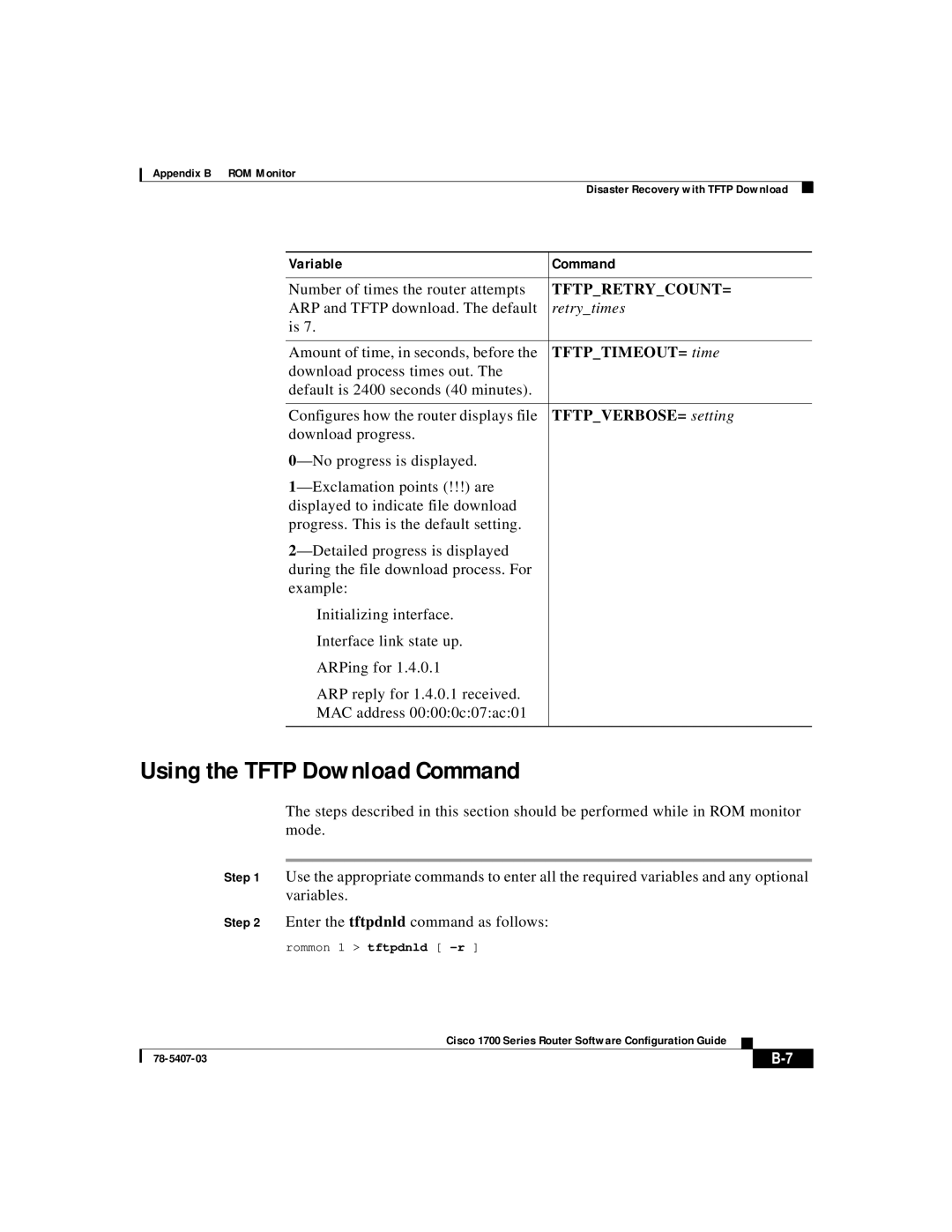 Cisco Systems 1700 appendix Using the Tftp Download Command, TFTPTIMEOUT= time, TFTPVERBOSE= setting 