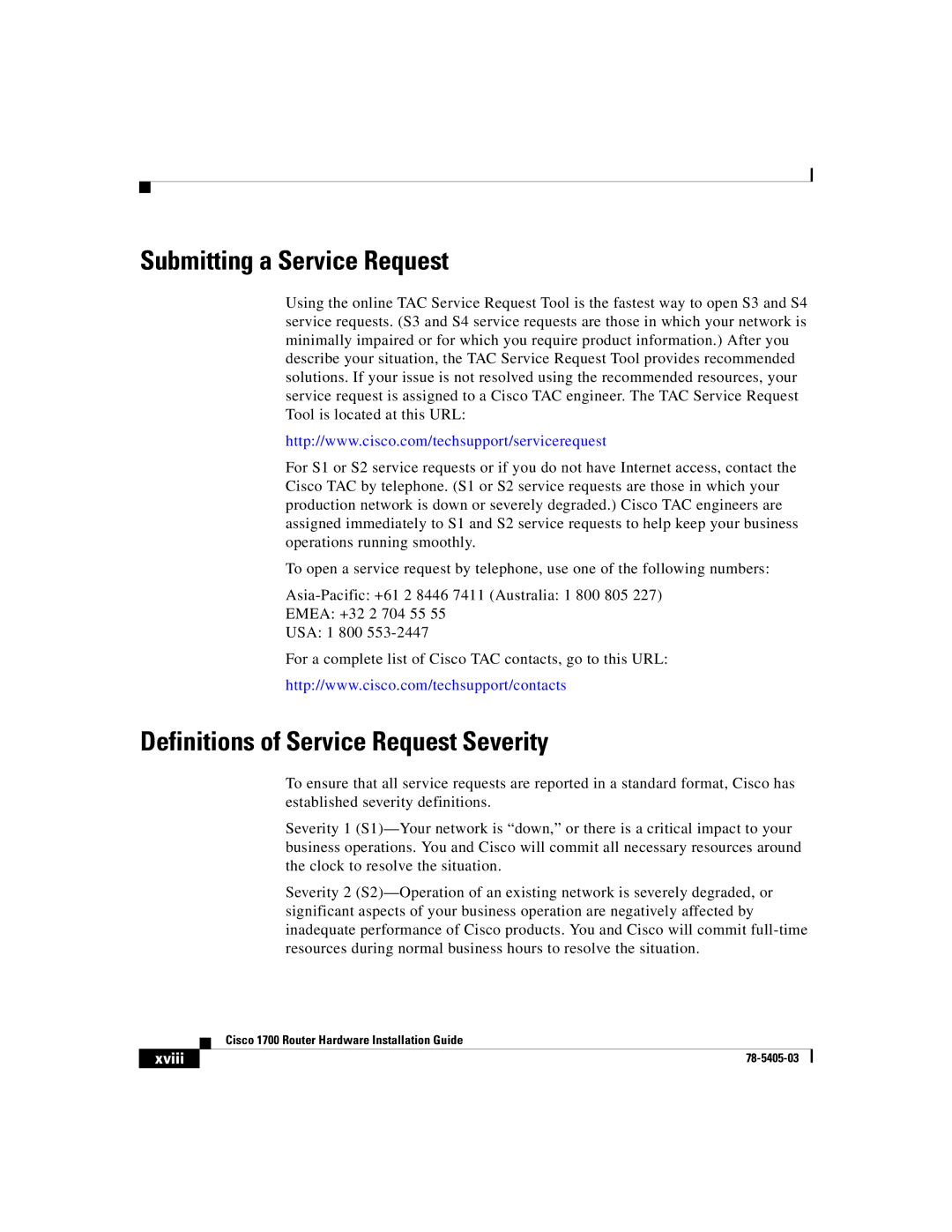 Cisco Systems 1700 manual Submitting a Service Request, Definitions of Service Request Severity 