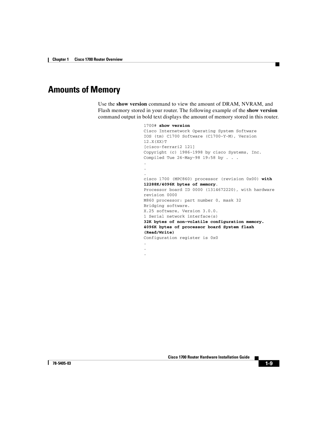 Cisco Systems manual Amounts of Memory, 1700# show version 