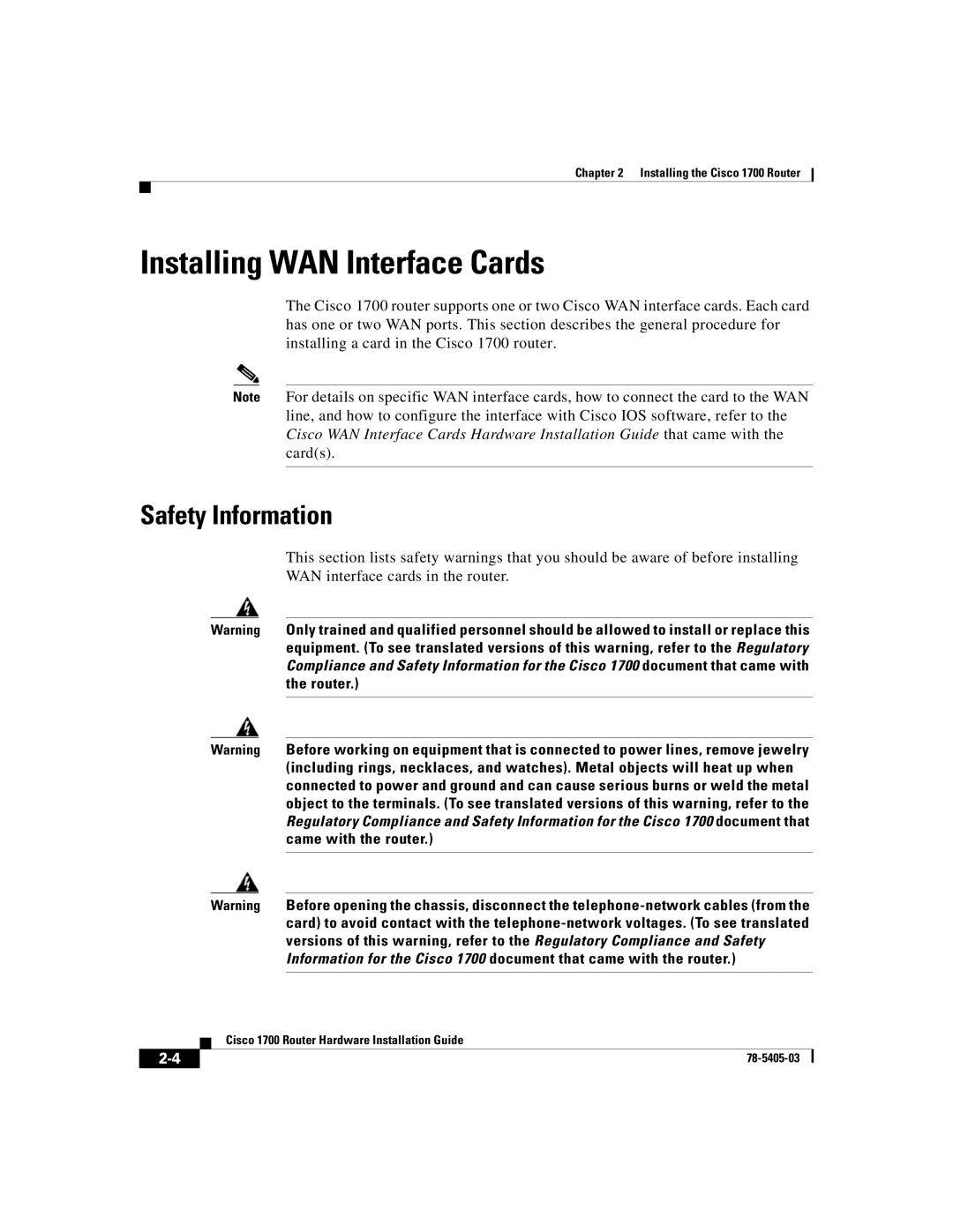 Cisco Systems 1700 manual Installing WAN Interface Cards, Safety Information 