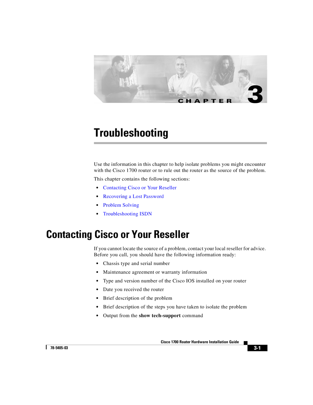 Cisco Systems 1700 manual Troubleshooting, Contacting Cisco or Your Reseller 