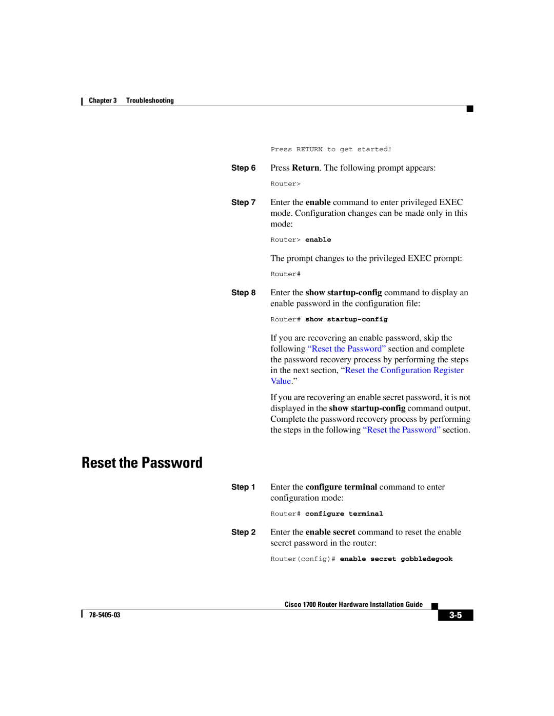 Cisco Systems 1700 manual Reset the Password 