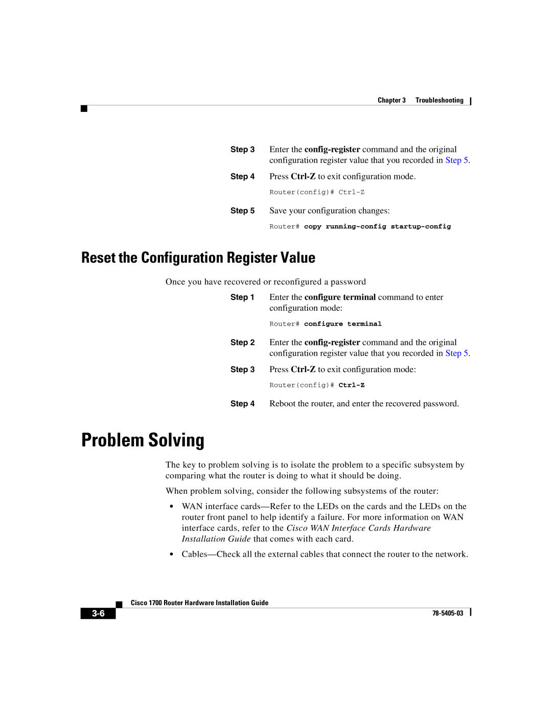 Cisco Systems 1700 manual Problem Solving, Reset the Configuration Register Value 