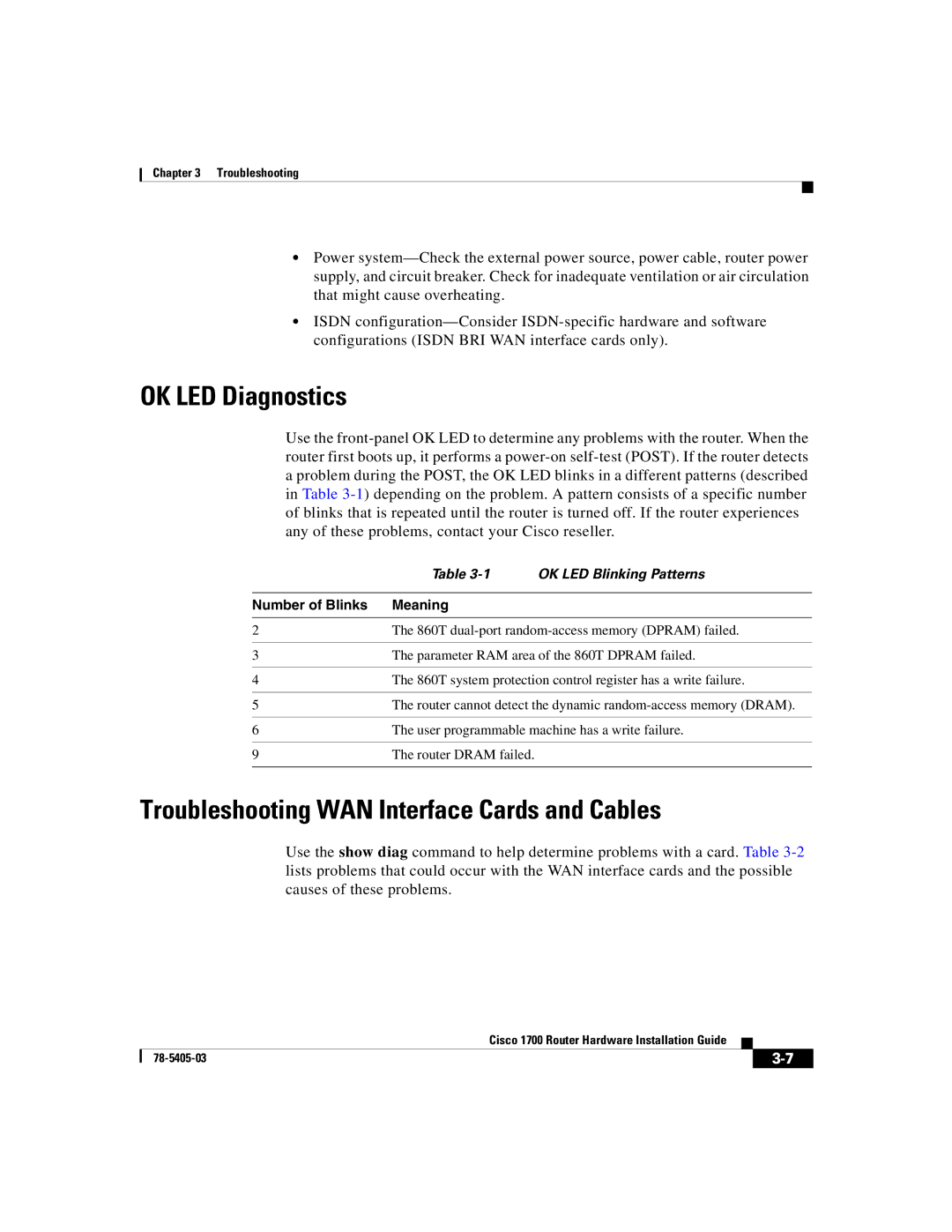 Cisco Systems 1700 manual OK LED Diagnostics, Troubleshooting WAN Interface Cards and Cables, OK LED Blinking Patterns 