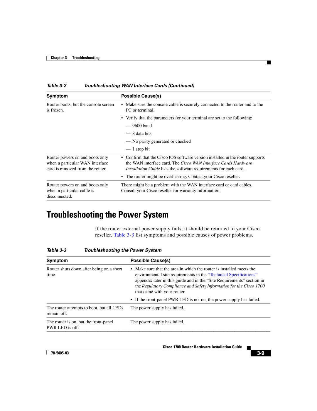 Cisco Systems 1700 manual Troubleshooting the Power System, Symptom Possible Causes 