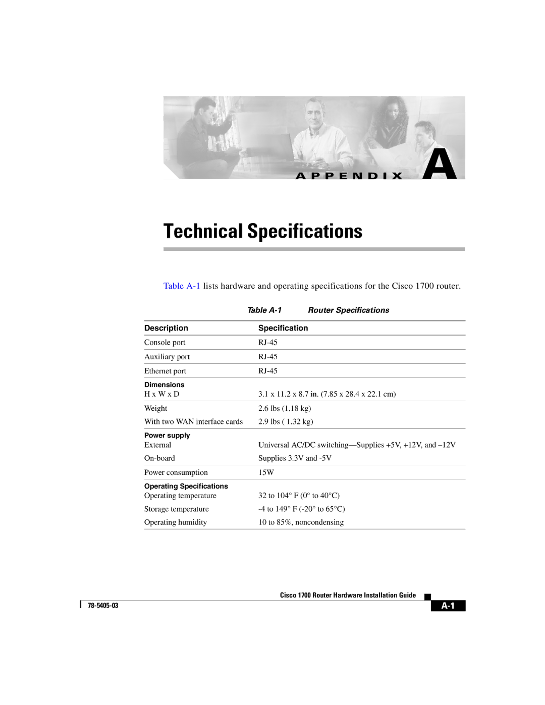 Cisco Systems 1700 manual Table A-1 Router Specifications, Description Specification 