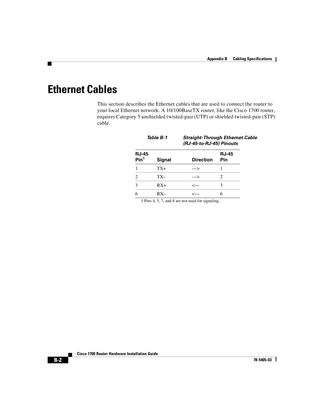 Cisco Systems 1700 manual Ethernet Cables, RJ-45 Pin Signal Direction, Tx+ Rx+ 