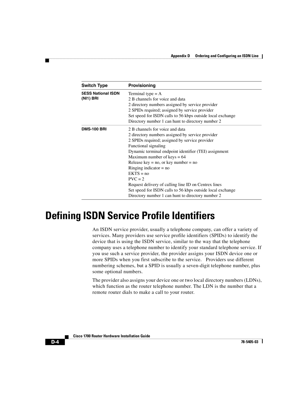 Cisco Systems 1700 manual Defining Isdn Service Profile Identifiers 