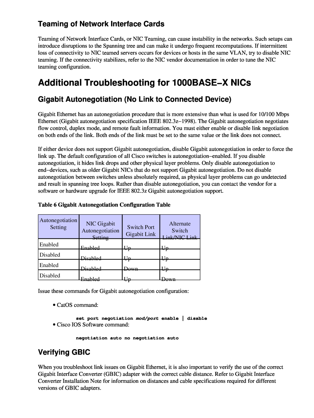 Cisco Systems 17053 Additional Troubleshooting for 1000BASE−X NICs, Teaming of Network Interface Cards, Verifying GBIC 