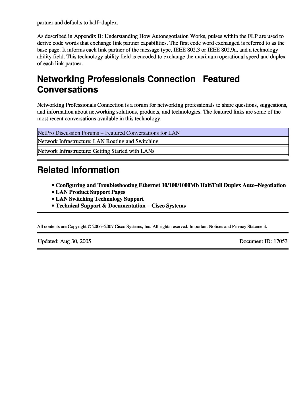 Cisco Systems 17053 appendix Networking Professionals Connection Featured Conversations, Related Information 