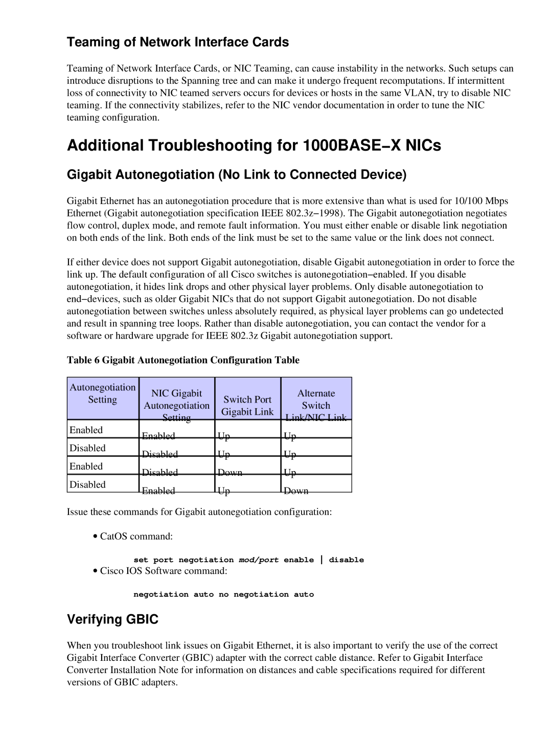 Cisco Systems 17053 Additional Troubleshooting for 1000BASE−X NICs, Teaming of Network Interface Cards, Verifying Gbic 