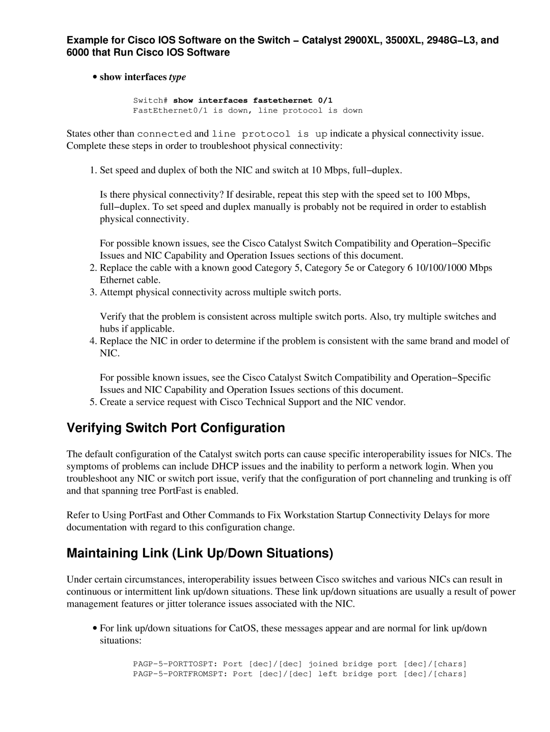 Cisco Systems 17053 Verifying Switch Port Configuration, Maintaining Link Link Up/Down Situations, ∙ show interfaces type 