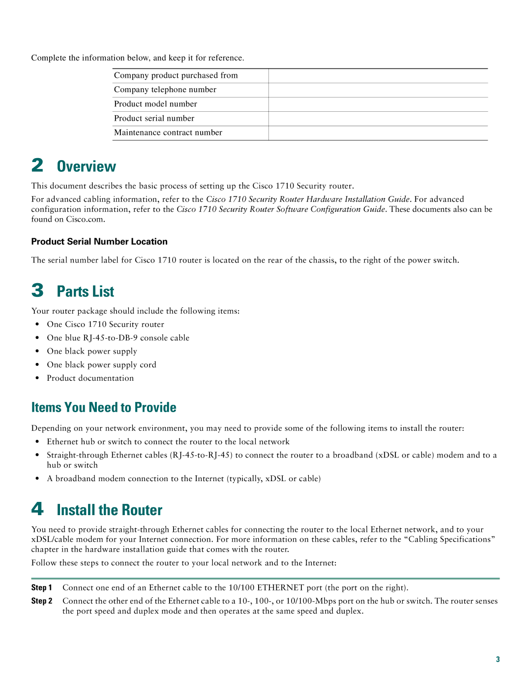 Cisco Systems 1710 quick start Overview, Parts List, Install the Router, Items You Need to Provide 