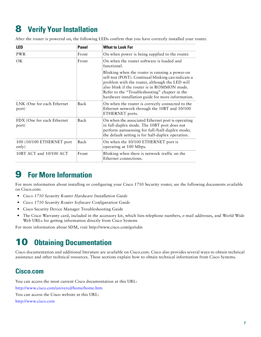 Cisco Systems 1710 quick start Verify Your Installation, For More Information, Obtaining Documentation, Cisco.com 