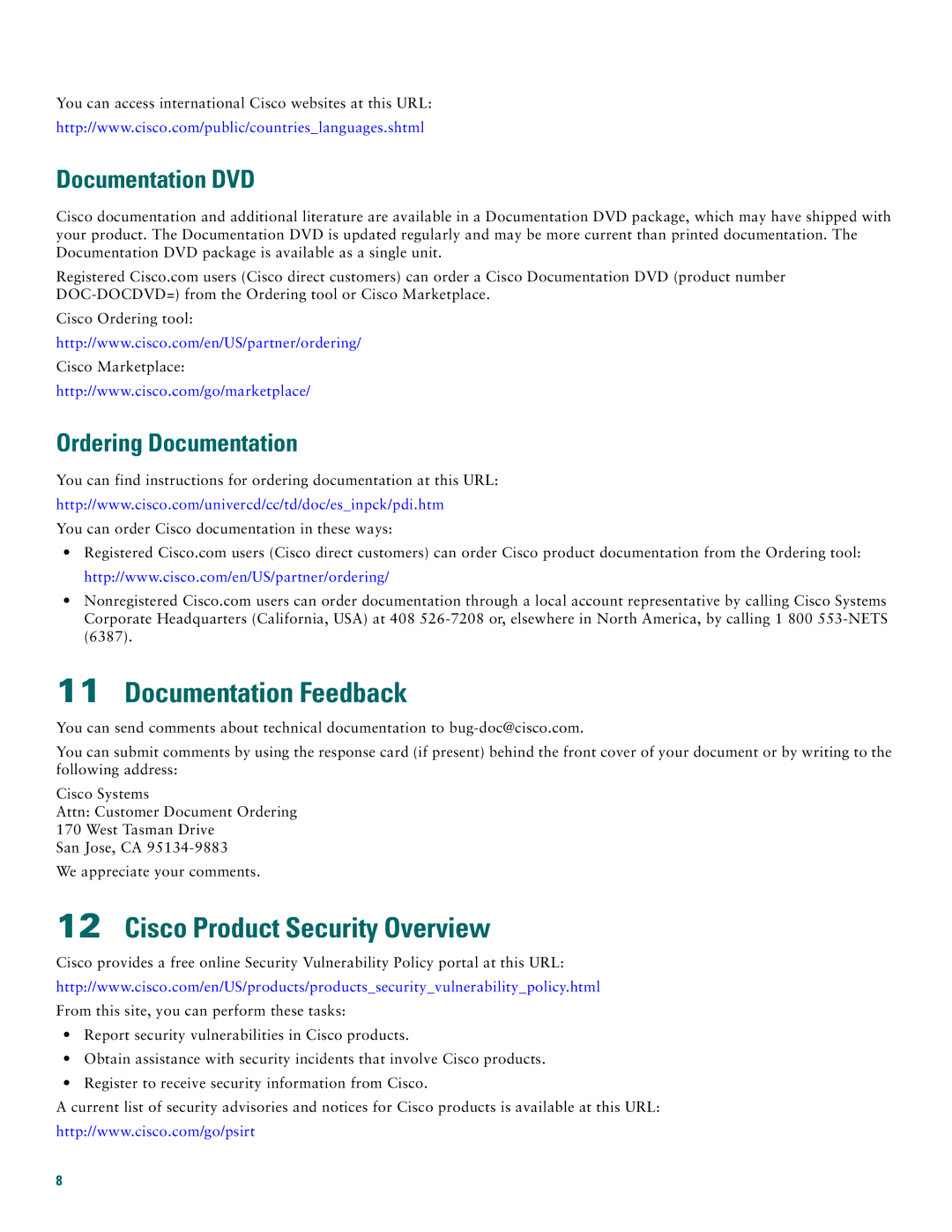 Cisco Systems 1710 Documentation Feedback, Cisco Product Security Overview, Documentation DVD, Ordering Documentation 