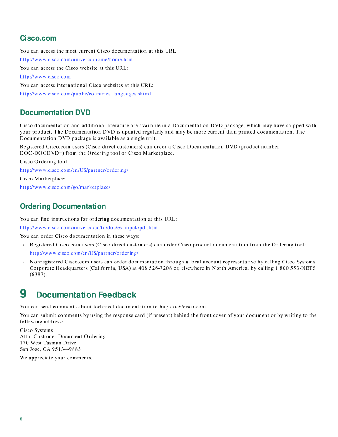Cisco Systems 1712, 1711 quick start Documentation Feedback, Cisco.com, Documentation DVD, Ordering Documentation 