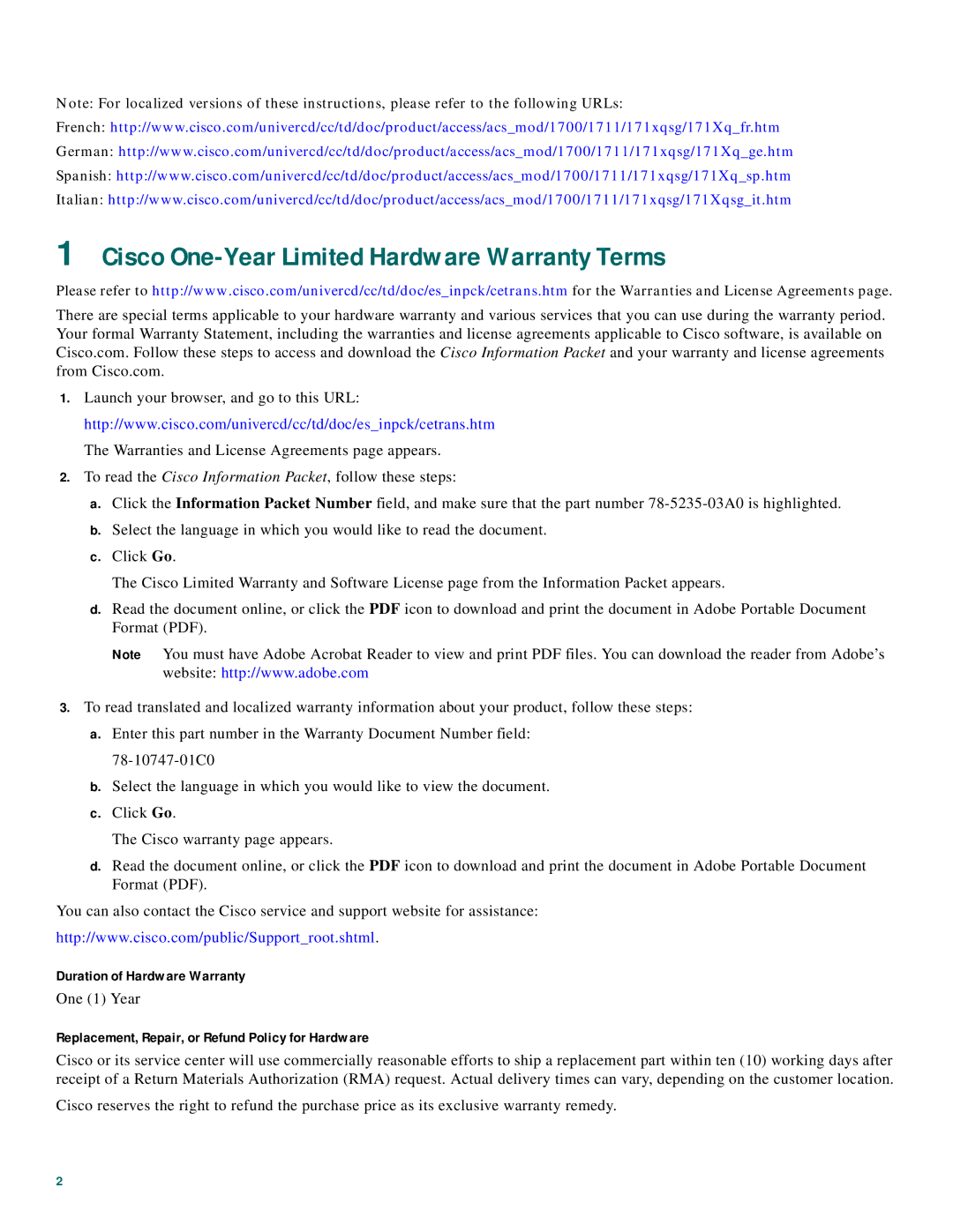 Cisco Systems 1712, 1711 quick start Cisco One-Year Limited Hardware Warranty Terms, Duration of Hardware Warranty 