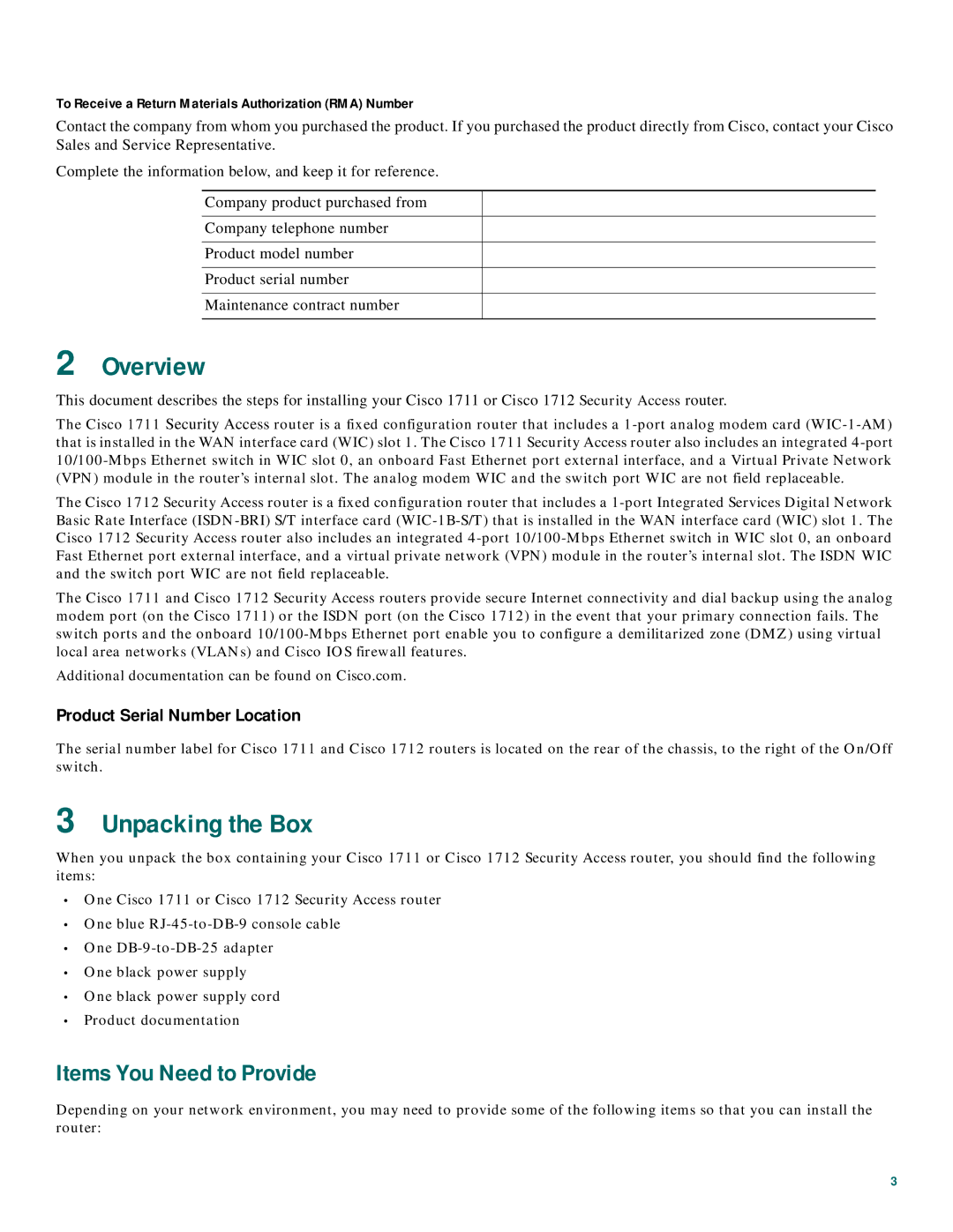 Cisco Systems 1711, 1712 quick start Overview, Unpacking the Box, Items You Need to Provide 