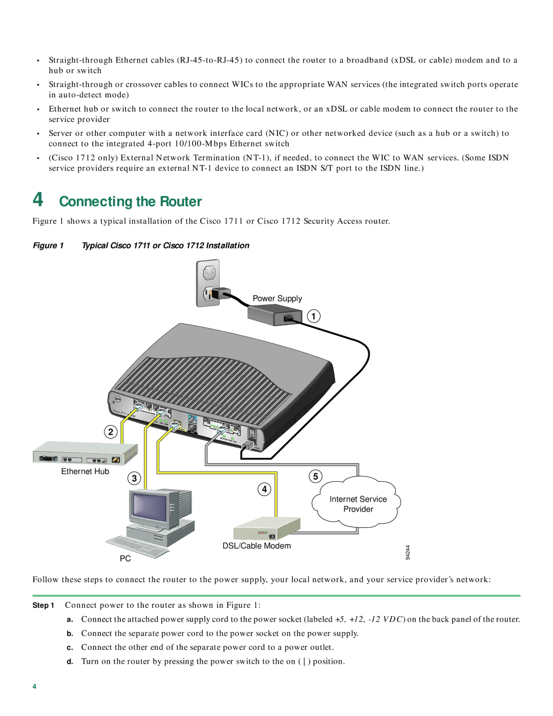 Cisco Systems quick start Connecting the Router, Typical Cisco 1711 or Cisco 1712 Installation 