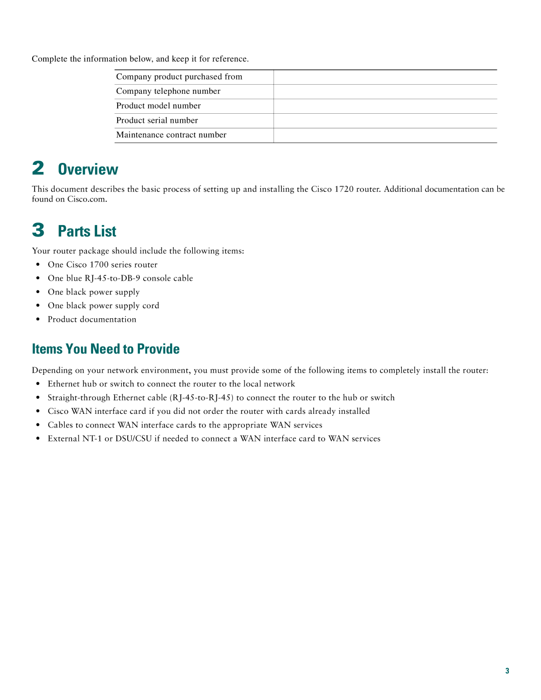 Cisco Systems 1720 quick start Overview, Parts List, Items You Need to Provide 