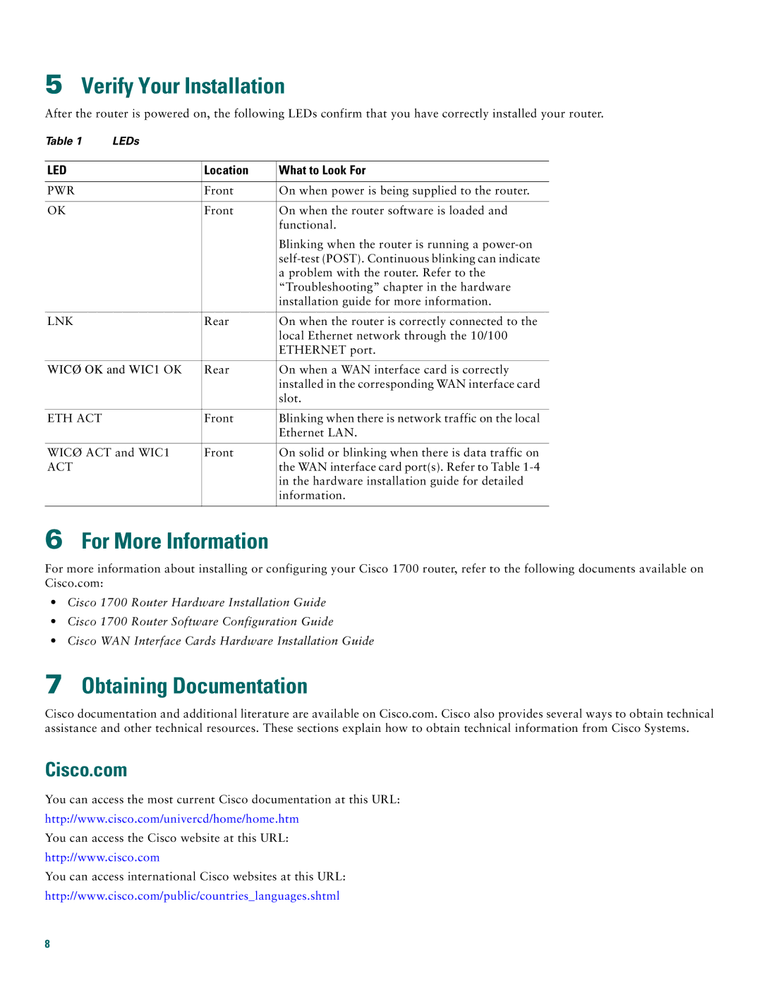 Cisco Systems 1720 quick start Verify Your Installation, For More Information, Obtaining Documentation, Cisco.com 