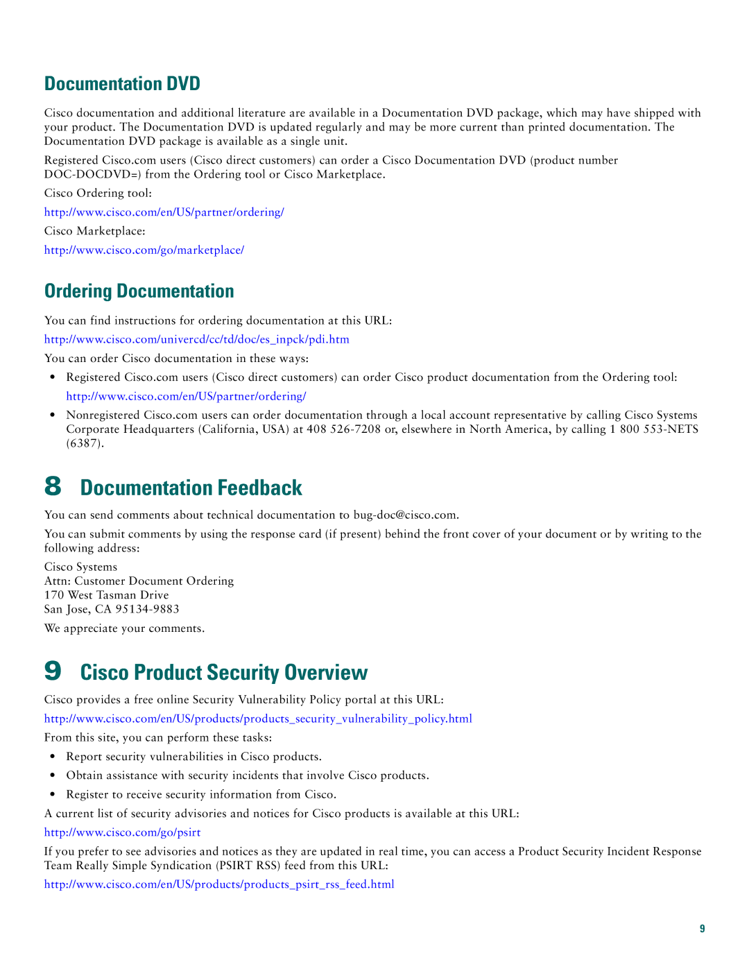 Cisco Systems 1720 Documentation Feedback, Cisco Product Security Overview, Documentation DVD, Ordering Documentation 