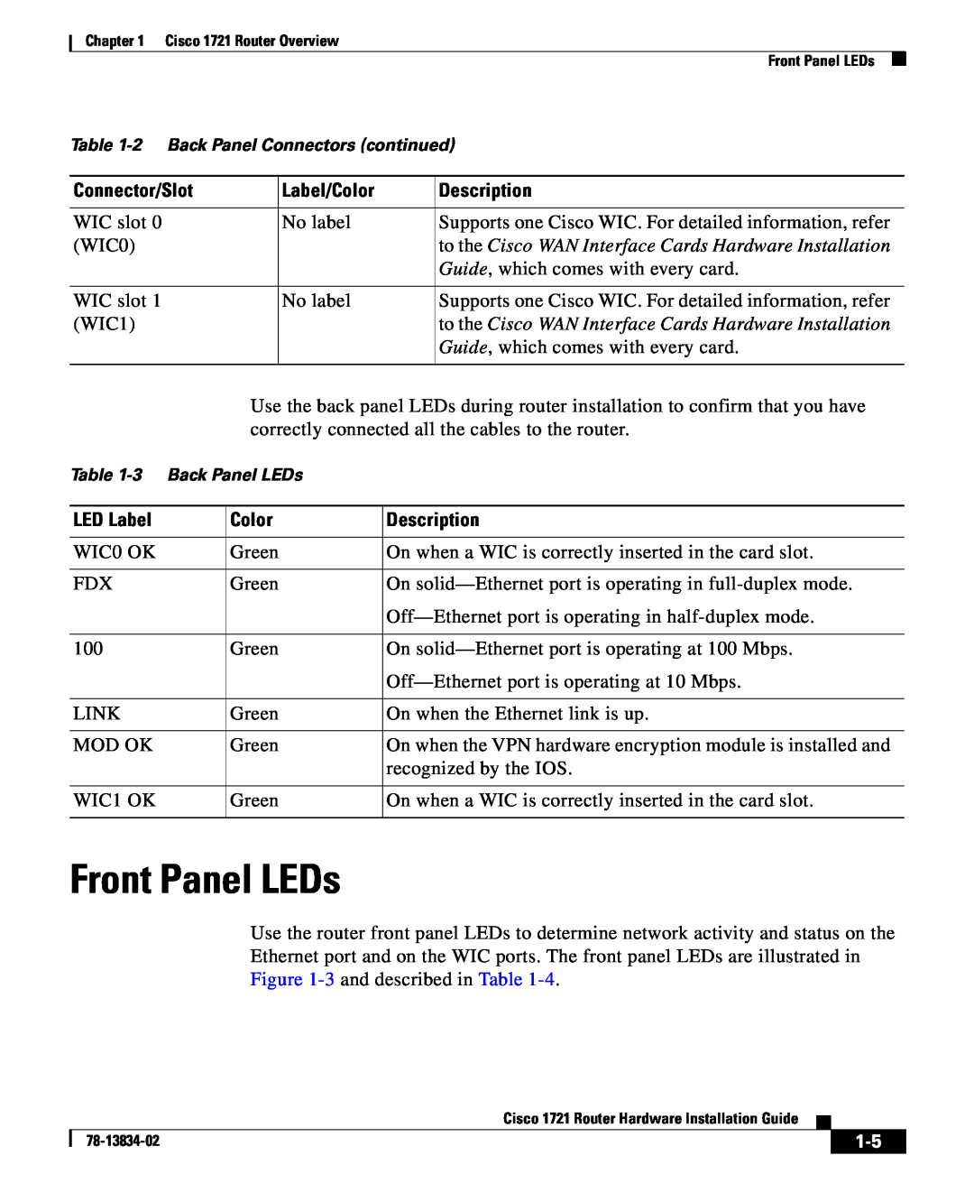 Cisco Systems 1721 Front Panel LEDs, to the Cisco WAN Interface Cards Hardware Installation, LED Label, Label/Color 