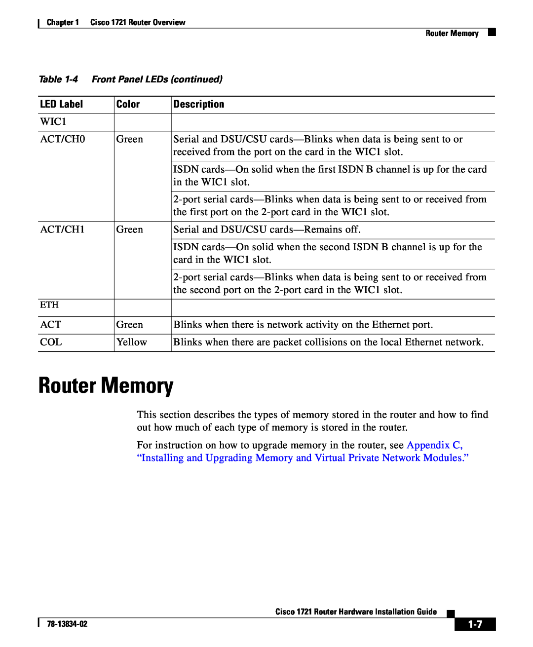 Cisco Systems 1721 manual Router Memory, LED Label, Color, Description, 4 Front Panel LEDs continued 