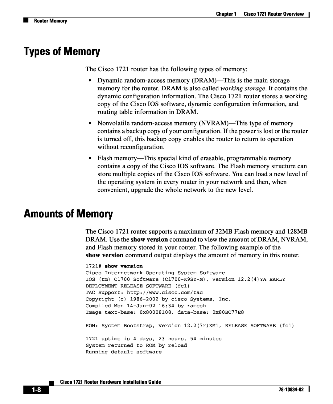 Cisco Systems 1721 manual Types of Memory, Amounts of Memory 
