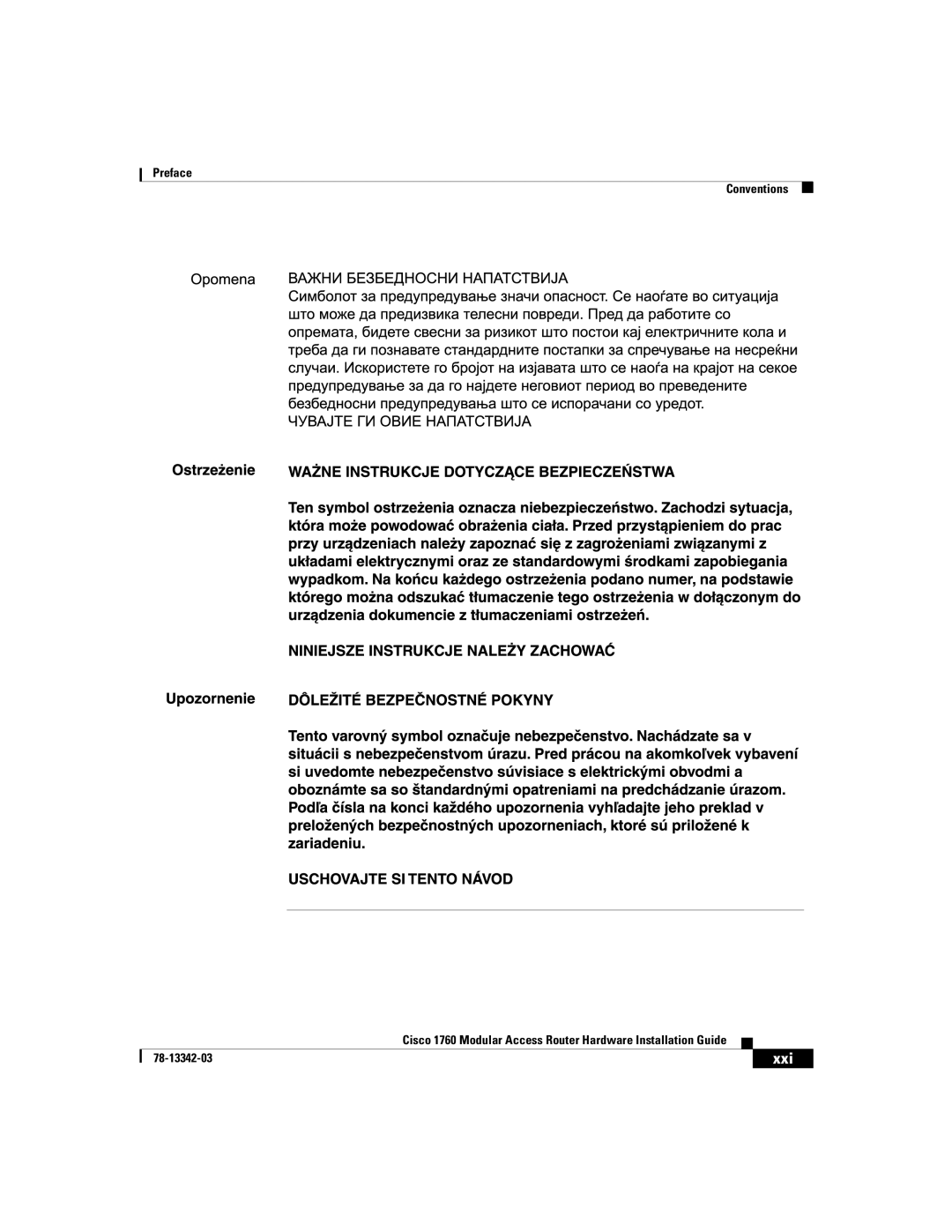 Cisco Systems 1760 manual Xxi 