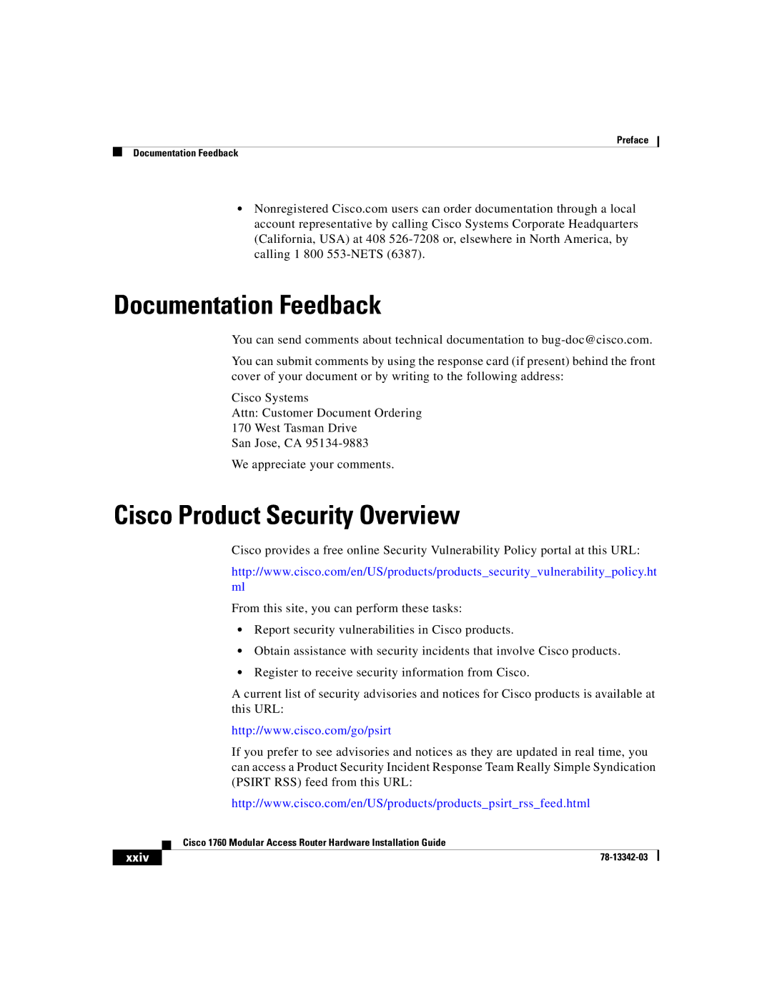 Cisco Systems 1760 manual Documentation Feedback, Cisco Product Security Overview, Xxiv 