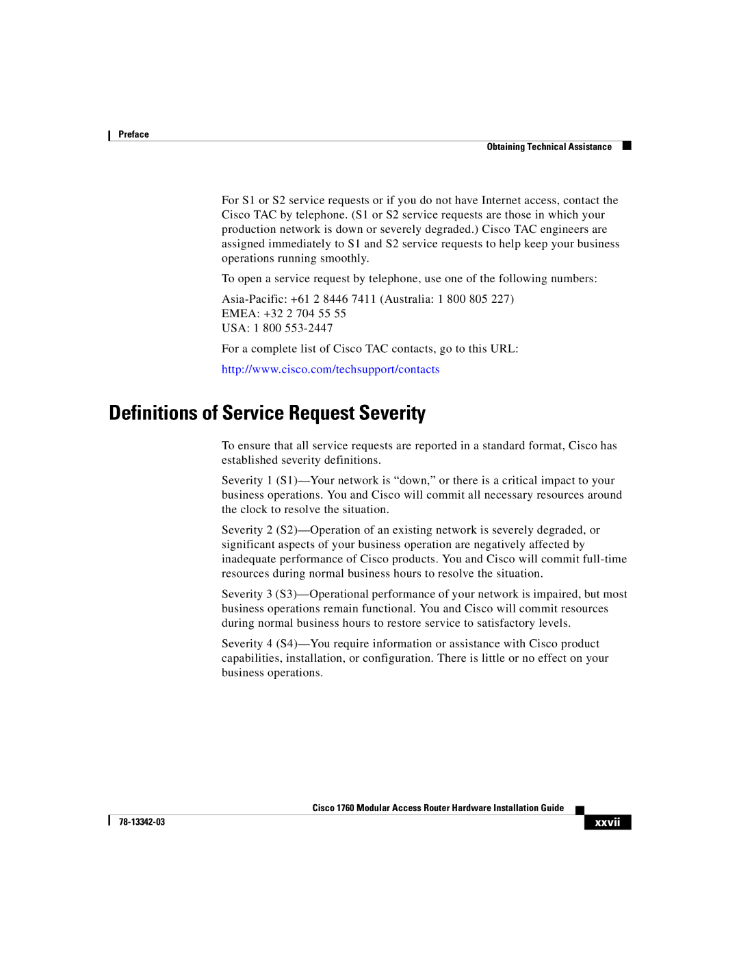 Cisco Systems 1760 manual Definitions of Service Request Severity, Xxvii 