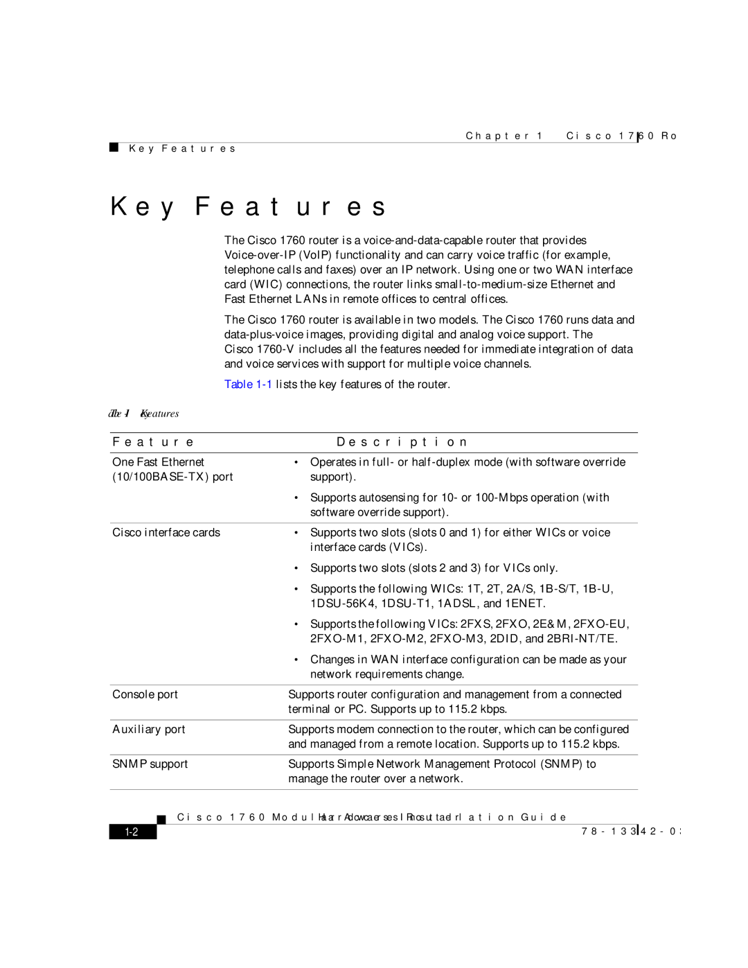 Cisco Systems 1760 manual Key Features, Feature Description 