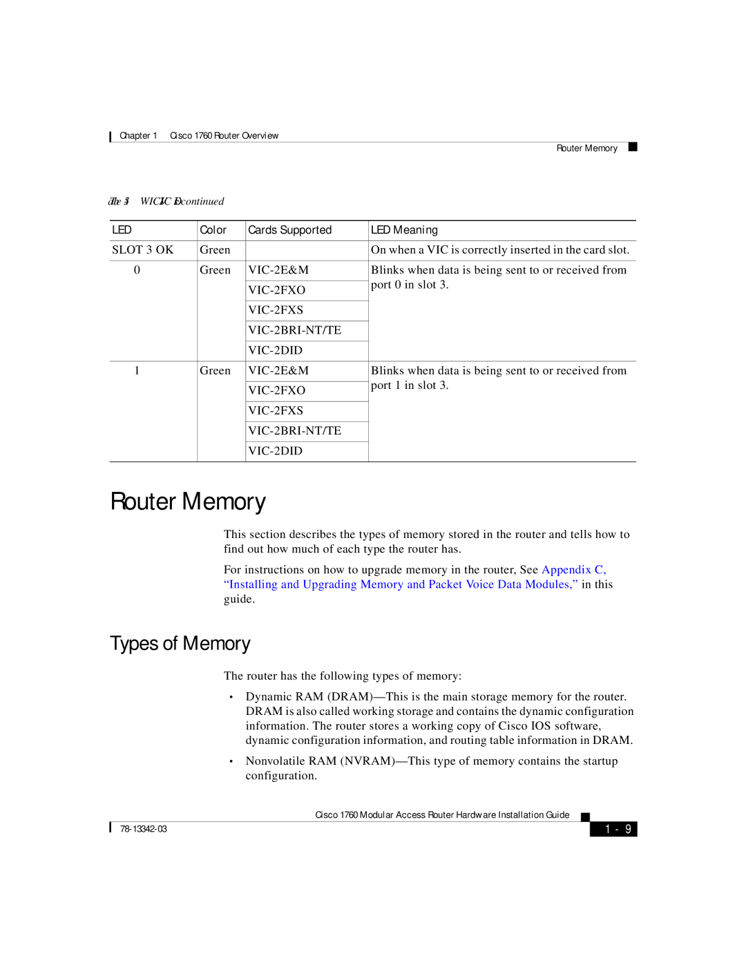 Cisco Systems 1760 manual Router Memory, Types of Memory, Slot 3 OK 